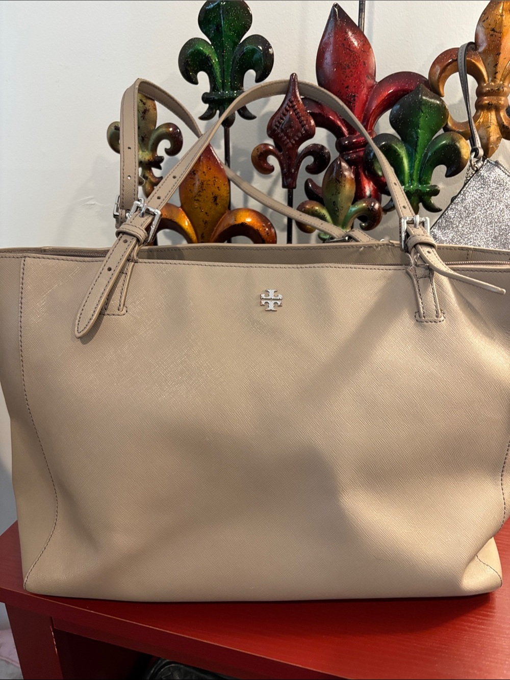 Tory Burch Neutral Beige Saffiano Tote